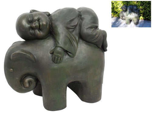 38CM BUDDHA MONK RESTING ON ELEPHANT